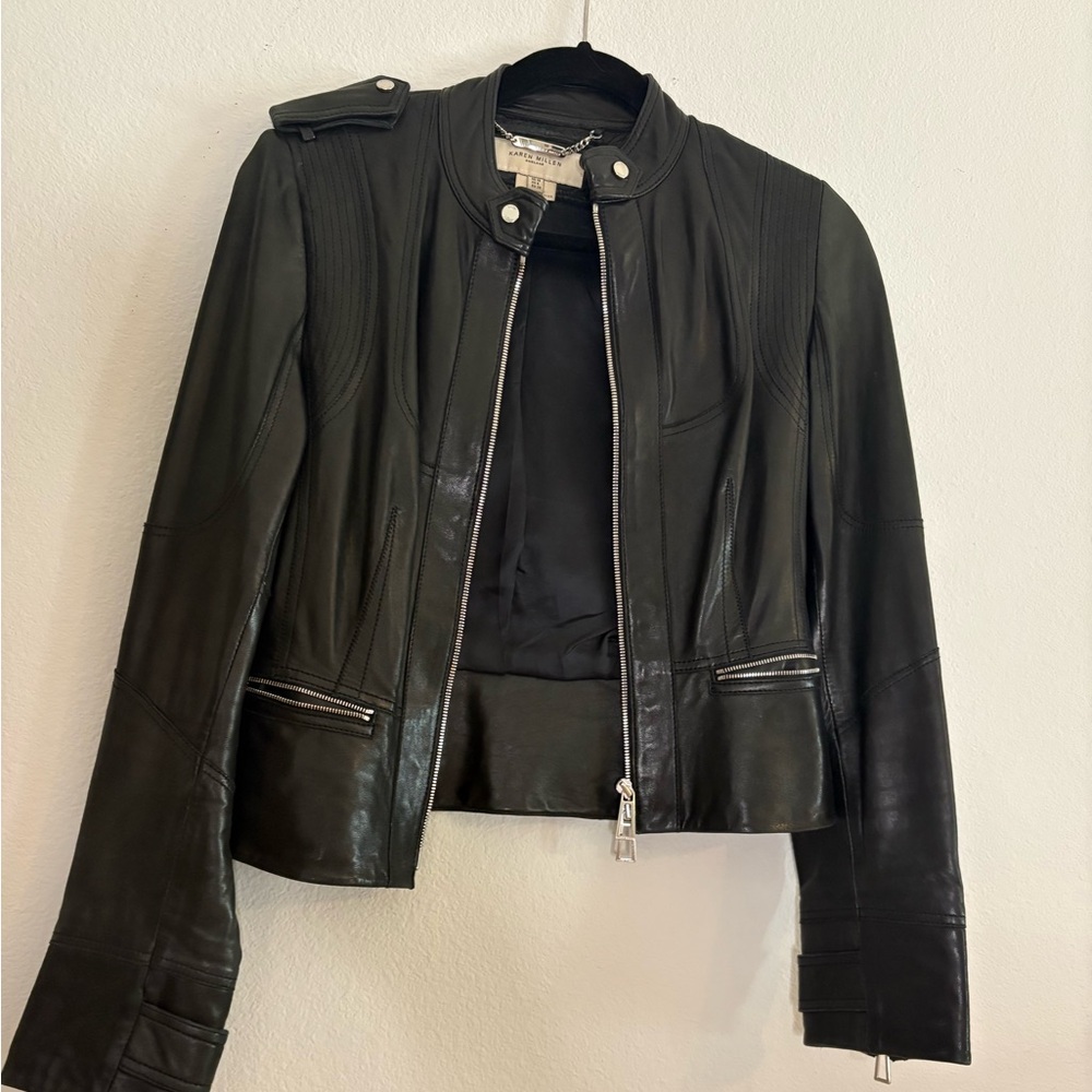 Karen Millen Dark Leather Jacket with Zipper Details